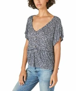 Promo ???? Lucky Brand Navy & White Floral Button-Front Peplum Top - ???? Women ⭐ -Lucky Brand Shop zu103602857 alt 2 tm1645713466