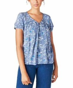 Deals ✔️ Lucky Brand Blue & White Floral Lace-Up Puff-Sleeve Peasant Top - ???? Women ????