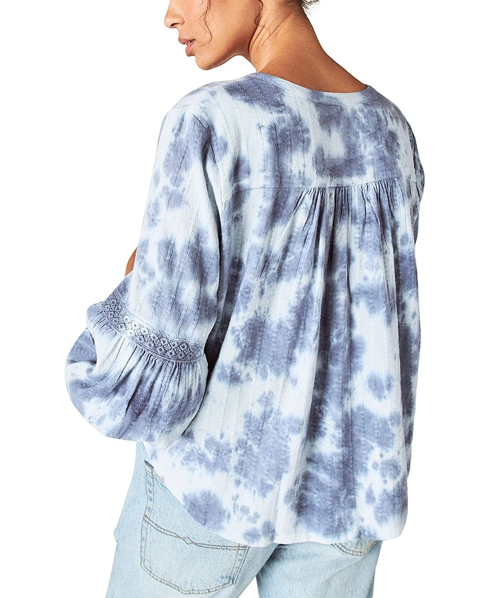 Best deal ⌛ Lucky Brand Blue & White Tie-Dye Lace-Accent Lantern Sleeve Notch Neck Top - ???? Women ⭐ 4 Best deal ⌛ Lucky Brand Blue & White Tie-Dye Lace-Accent Lantern Sleeve Notch Neck Top - ???? Women ⭐ - Image 2
