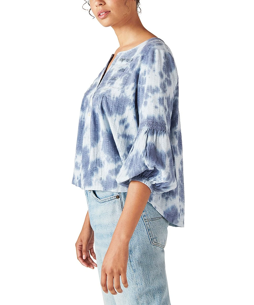 Best deal ⌛ Lucky Brand Blue & White Tie-Dye Lace-Accent Lantern Sleeve Notch Neck Top - ???? Women ⭐ 5 Best deal ⌛ Lucky Brand Blue & White Tie-Dye Lace-Accent Lantern Sleeve Notch Neck Top - ???? Women ⭐ - Image 3