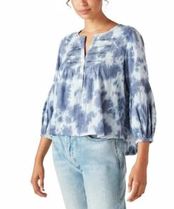 Lucky Brand Shop 35 Best deal ⌛ Lucky Brand Blue & White Tie-Dye Lace-Accent Lantern Sleeve Notch Neck Top - ???? Women ⭐