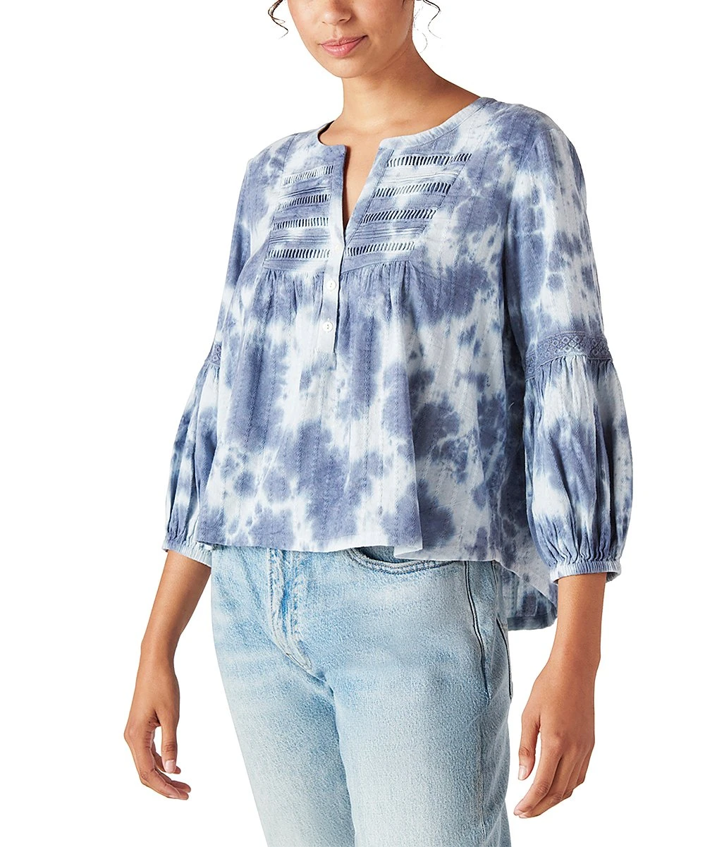 Best deal ⌛ Lucky Brand Blue & White Tie-Dye Lace-Accent Lantern Sleeve Notch Neck Top - ???? Women ⭐ 3 Best deal ⌛ Lucky Brand Blue & White Tie-Dye Lace-Accent Lantern Sleeve Notch Neck Top - ???? Women ⭐