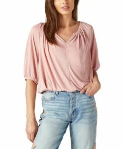 Best Pirce ⌛ Lucky Brand Rosette Pleated Sandwash Notch Neck Peasant Top - ???? Women ✨