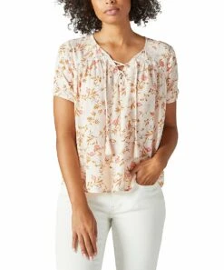 Coupon ???? Lucky Brand Pink & Cream Floral Lace-Up Puff-Sleeve Peasant Top - ???? Women ⌛
