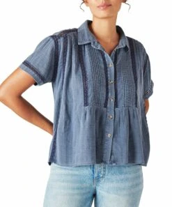 Best reviews of ???? Lucky Brand Night Shadow Blue Eyelet Lace-Accent Short-Sleeve Button-Up Top - ???? Women ????