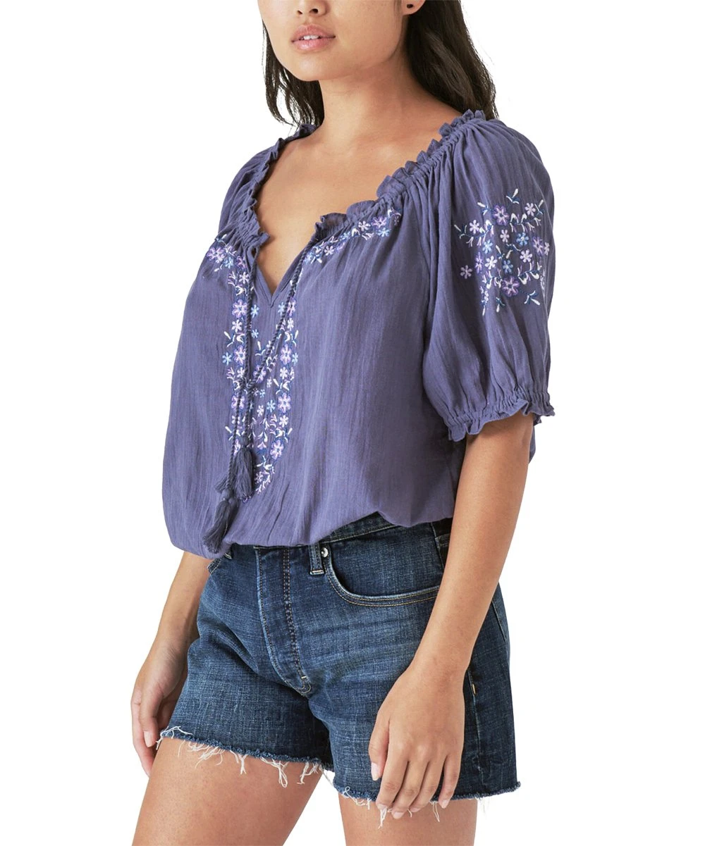Wholesale ???? Lucky Brand Night Shadow Blue Floral Embroidered Short-Sleeve Peasant Top - ???? Women ???? 4 Wholesale ???? Lucky Brand Night Shadow Blue Floral Embroidered Short-Sleeve Peasant Top - ???? Women ???? - Image 2
