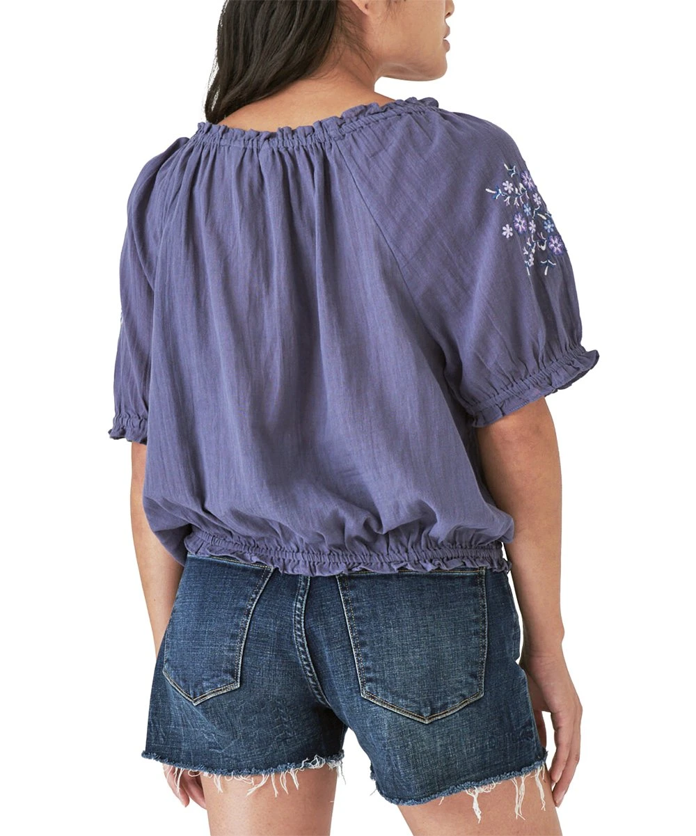 Wholesale ???? Lucky Brand Night Shadow Blue Floral Embroidered Short-Sleeve Peasant Top - ???? Women ???? 5 Wholesale ???? Lucky Brand Night Shadow Blue Floral Embroidered Short-Sleeve Peasant Top - ???? Women ???? - Image 3