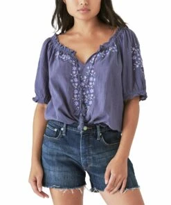 Wholesale ???? Lucky Brand Night Shadow Blue Floral Embroidered Short-Sleeve Peasant Top - ???? Women ????
