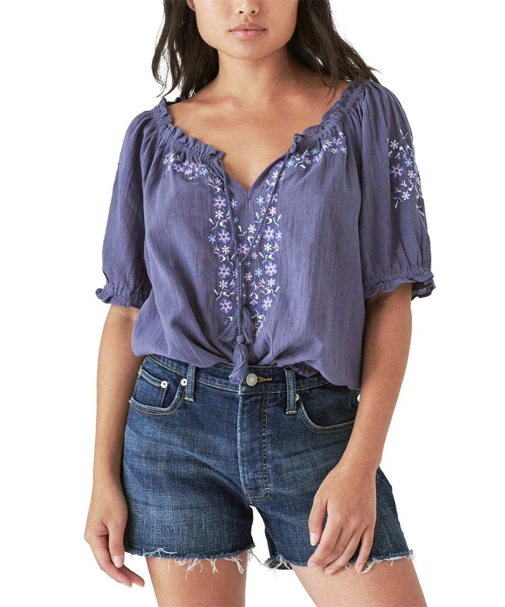 Wholesale ???? Lucky Brand Night Shadow Blue Floral Embroidered Short-Sleeve Peasant Top - ???? Women ???? 3 Wholesale ???? Lucky Brand Night Shadow Blue Floral Embroidered Short-Sleeve Peasant Top - ???? Women ????