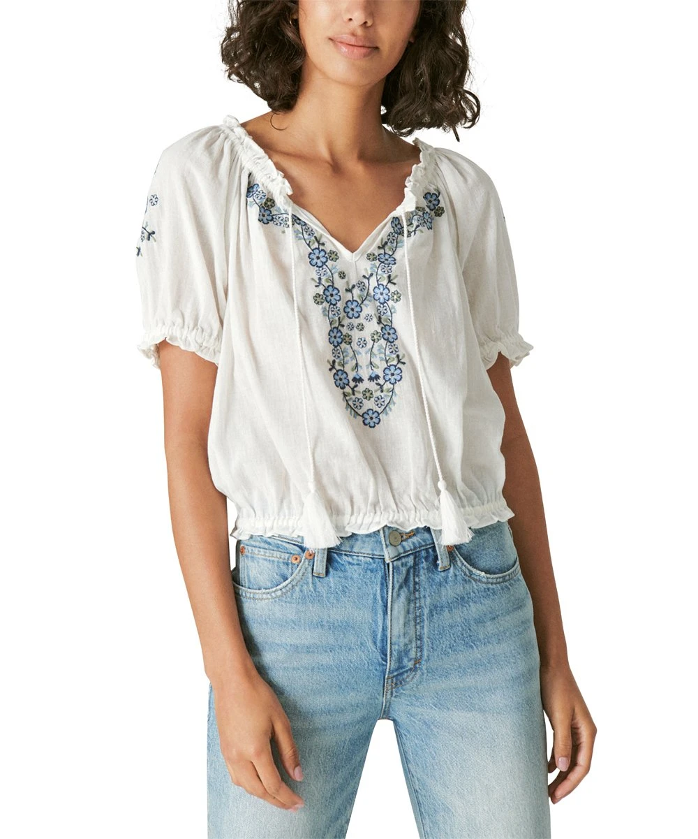 Promo ???? Lucky Brand White Floral Embroidered Short-Sleeve Peasant Top - ???? Women ???? 3 Promo ???? Lucky Brand White Floral Embroidered Short-Sleeve Peasant Top - ???? Women ????