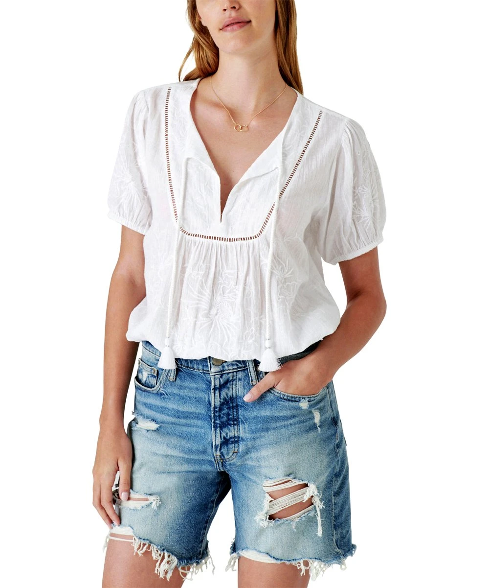 Wholesale ???? Lucky Brand White Embroidered Tassel-Scoop Neck Peasant Top - ???? Women ???? 3 Wholesale ???? Lucky Brand White Embroidered Tassel-Scoop Neck Peasant Top - ???? Women ????