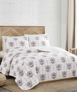 Hot Sale ???? Lucky Brand White & Pink Geometric Ikat Quilt Set For Home & Garden ????
