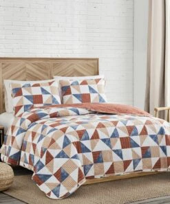 New ⌛ Lucky Brand Blue & Beige Geometric Quilt Set For Home & Garden ⌛