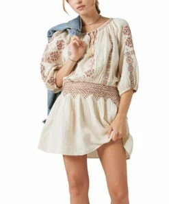 Wholesale ❤️ Lucky Brand Whitecap Gray Embroidered Peasant ???? Dress - ???? Women ⌛