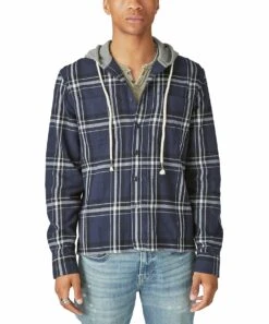 Outlet ???? Lucky Brand Navy & Gray Plaid Button-Up Hoodie - Men ????