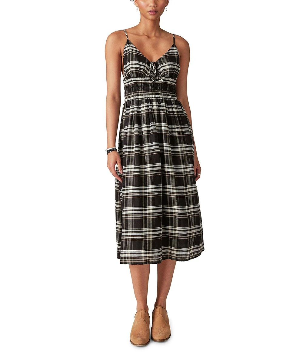 Cheap ⭐ Lucky Brand Black & Cream Plaid Shirred-Waist Sleeveless A-Line ???? Dress - ???? Women ✨ 3 Cheap ⭐ Lucky Brand Black & Cream Plaid Shirred-Waist Sleeveless A-Line ???? Dress - ???? Women ✨