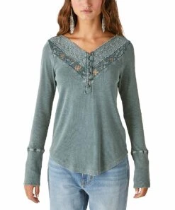 Discount ???? Lucky Brand Balsam Green Embroidered Henley - ???? Women ????
