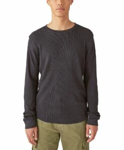 Cheap ???? Lucky Brand Jet Black Thermal Long-Sleeve Crewneck Tee - Men ⭐