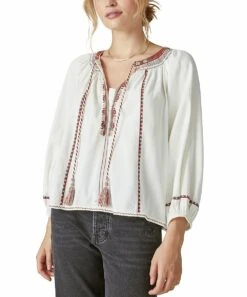 Buy ???? Lucky Brand White & Burgundy Embroidered Peasant Top - ???? Women ????