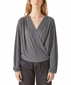 Lucky Brand Shop 18 Best deal ???? Lucky Brand Asphalt Gray Long-Sleeve Surplice Top - ???? Women ????