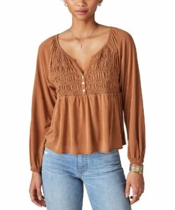 Discount ???? Lucky Brand Caramel Café Smocked Long-Sleeve Notch Neck Top - ???? Women ????