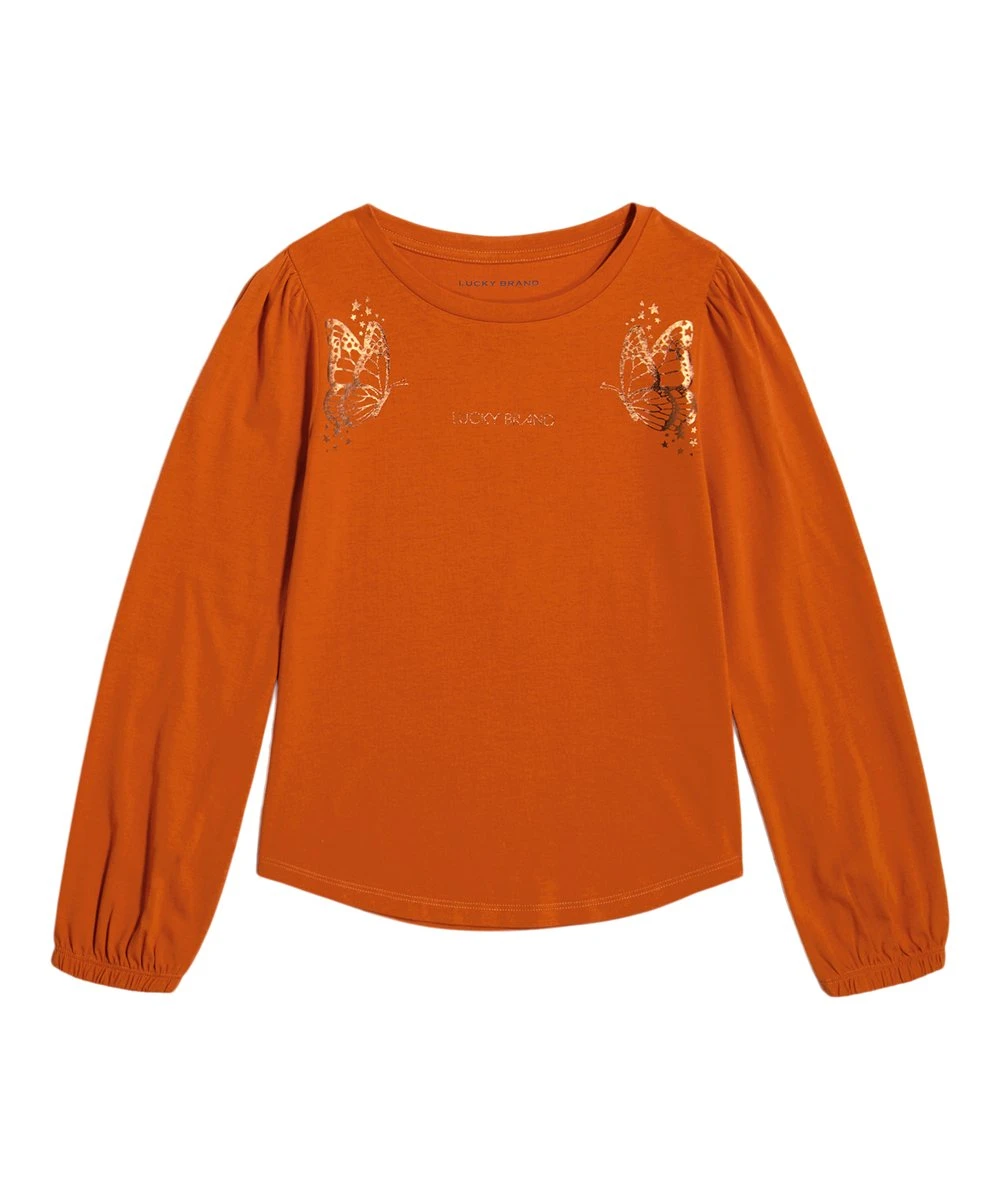 Hot Sale ???? Lucky Brand Rust Butterfly Shimmer Bishop-Sleeve Crewneck Top - ???? Girls For Kids ???? 3 Hot Sale ???? Lucky Brand Rust Butterfly Shimmer Bishop-Sleeve Crewneck Top - ???? Girls For Kids ????