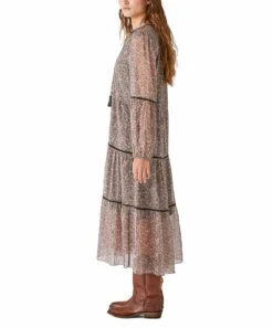 Promo ✔️ Lucky Brand Mauve & Black Bohemian Tiered Midi ???? Dress - ???? Women ???? -Lucky Brand Shop zu109522661 alt 1 tm1665775412