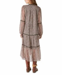 Promo ✔️ Lucky Brand Mauve & Black Bohemian Tiered Midi ???? Dress - ???? Women ???? -Lucky Brand Shop zu109522661 alt 2 tm1665775412