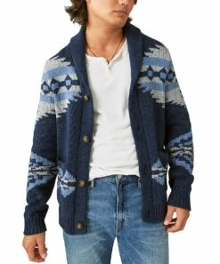 Deals ???? Lucky Brand Blue Geometric Shawl Collar Cardigan - Men ????