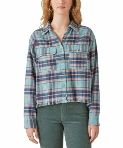 Discount ???? Lucky Brand Blue & Pink Plaid Crop Button-Up - ???? Women ✨