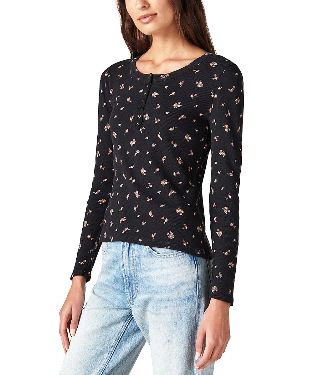 Best Pirce ⌛ Lucky Brand Black & Pink Floral Long-Sleeve Henley - ???? Women ⭐ 4 Best Pirce ⌛ Lucky Brand Black & Pink Floral Long-Sleeve Henley - ???? Women ⭐ - Image 2