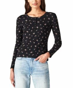 Best Pirce ⌛ Lucky Brand Black & Pink Floral Long-Sleeve Henley - ???? Women ⭐