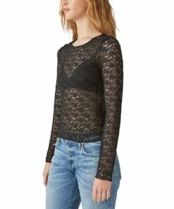 Top 10 ❤️ Lucky Brand Black Sheer Lace Long-Sleeve Top - ???? Women ????