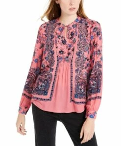 Promo ???? Lucky Brand Pink & Blue Floral Tie-Neck Empire-Waist Top - ???? Women ????