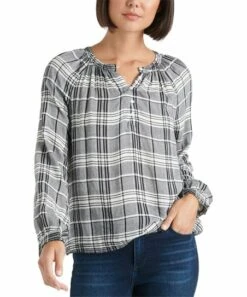 Top 10 ???? Lucky Brand Black Plaid Gathered-Yoke Button-Front Top - ???? Women ❤️