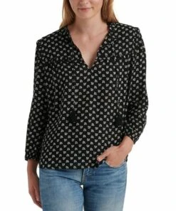 Top 10 ???? Lucky Brand Black & Ivory Floral Tassel Notch Neck Top - ???? Women ⭐