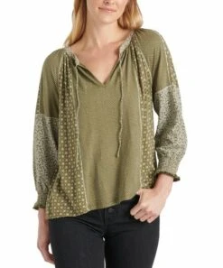 Coupon ???? Lucky Brand Green Patchwork Notch Neck Top - ???? Women ⌛